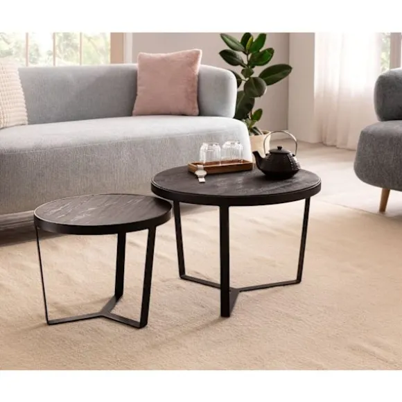 Rootz 2-delt sofaborde - Moderne design - Runde borde - Naturligt trækorn - Elegant stenlook - Håndlavet - Pladsbesparende - Gulvbeskyttere - Akacietr | Fyndiq