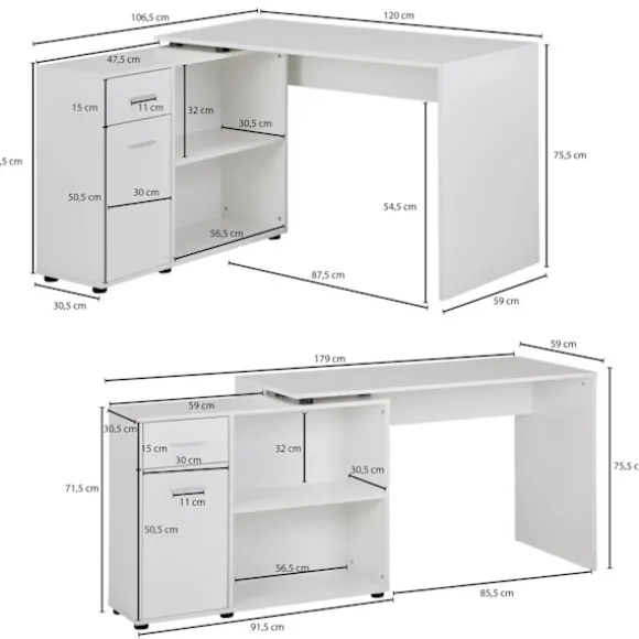 Rootz design hjørne skrivebord med hylde hvid 120 x 75,5 x 106,5 cm - Moderne kontor skrivebord Computer bordstudie - Vinkel skrivebord hjemmekontor | Fyndiq