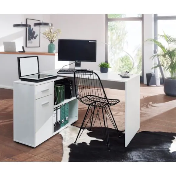 Rootz design hjørne skrivebord med hylde hvid 120 x 75,5 x 106,5 cm - Moderne kontor skrivebord Computer bordstudie - Vinkel skrivebord hjemmekontor | Fyndiq