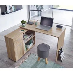 Rootz design hjørneskrivebord med hylde Sonoma 120 x 75,5 x 106,5 cm - Moderne kontorbord Computerbordstudie - Vinkelskrivebord hjemmekontor