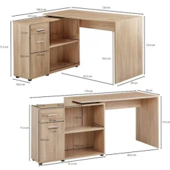 Rootz design hjørneskrivebord med hylde Sonoma 120 x 75,5 x 106,5 cm - Moderne kontorbord Computerbordstudie - Vinkelskrivebord hjemmekontor