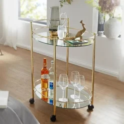 Rootz design serveringsvogn guld 67x79 cm Mobil Minibar - Sidebord på hjul Spisevogn med hvid glasplade Køkkenvogn - Teavogn med frostet glas