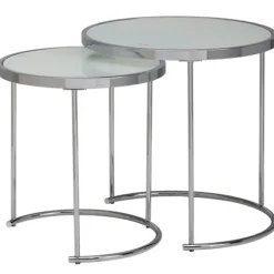 Rootz design sidebord rundt Ø 50-42 cm - 2 stk hvid sølv med glasplade - Stuebord sæt af 2 - Nesting bord mælkeglas - sofabord