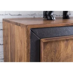 Rootz Design skænk Sheesham massivt træ med imiteret læder 160x44x80 cm - Skænk i rustik landstil - Kommode med skuffer og låger