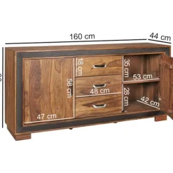 Rootz Design skænk Sheesham massivt træ med imiteret læder 160x44x80 cm - Skænk i rustik landstil - Kommode med skuffer og låger