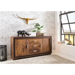 Rootz Design skænk Sheesham massivt træ med imiteret læder 160x44x80 cm - Skænk i rustik landstil - Kommode med skuffer og låger