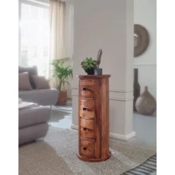 Rootz design skænk sheesham massivt træ 35x85x35 cm - Skab med 4 skuffer - Smalle sideskab, massiv - Mini kommode rund