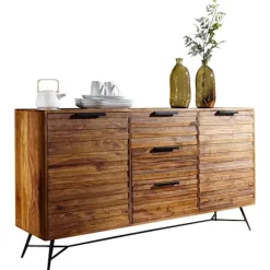 Rootz Design skænk 160x40x88 cm Sheesham Solid Wood - Kommode med døre og skuffer - Massiv skænk Industriel - Massivt træskab med metalben
