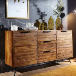 Rootz Design skænk 160x40x88 cm Sheesham Solid Wood - Kommode med døre og skuffer - Massiv skænk Industriel - Massivt træskab med metalben