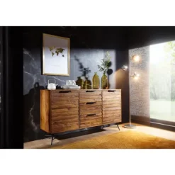 Rootz Design skænk 160x40x88 cm Sheesham Solid Wood - Kommode med døre og skuffer - Massiv skænk Industriel - Massivt træskab med metalben