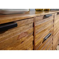 Rootz Design skænk 160x40x88 cm Sheesham Solid Wood - Kommode med døre og skuffer - Massiv skænk Industriel - Massivt træskab med metalben