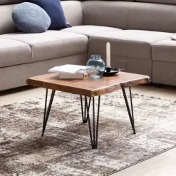 Rootz Design sofabord massivt træbord med trækant 56x38x51 cm - Sheesham træbord med metalben - Stuebord i rustik landstil