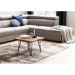 Rootz Design sofabord massivt træbord med trækant 56x38x51 cm - Sheesham træbord med metalben - Stuebord i rustik landstil