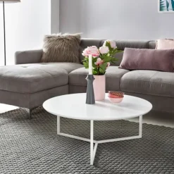 Rootz Design sofabord MDF træ hvid mat stel metal ø 80 cm - Stue lakeret Sofa moderne - Sofabord rund lounge