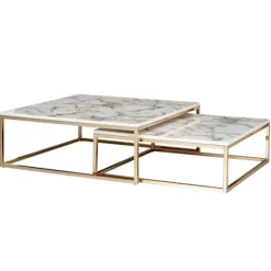 Rootz design sofabord sæt med 2 hvid marmor optik kantet - Sofaborde 2-delt bordstel metal guld - Ædle stueborde - Moderne redeborde
