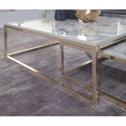 Rootz design sofabord sæt med 2 hvid marmor optik kantet - Sofaborde 2-delt bordstel metal guld - Ædle stueborde - Moderne redeborde