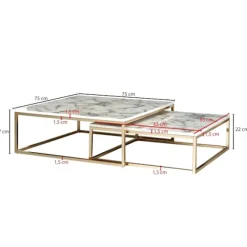 Rootz design sofabord sæt med 2 hvid marmor optik kantet - Sofaborde 2-delt bordstel metal guld - Ædle stueborde - Moderne redeborde