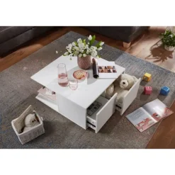 Rootz design sofabord 70x70 cm hvid - Stuebord med 2 skuffer - Sofabord med hjul - Bord med 2 rum