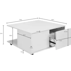 Rootz design sofabord 70x70 cm hvid - Stuebord med 2 skuffer - Sofabord med hjul - Bord med 2 rum
