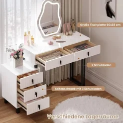 Rootz -dæmningbord med belysning - Vanity Desk - Dressing Table - Rummet opbevaring - 90 x 130 x 38 cm - MDF & Solid Wood - Hvid