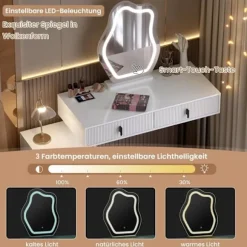Rootz -dæmningbord med belysning - Vanity Desk - Dressing Table - Rummet opbevaring - 90 x 130 x 38 cm - MDF & Solid Wood - Hvid