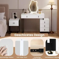Rootz -dæmningbord med belysning - Vanity Desk - Dressing Table - Rummet opbevaring - 90 x 130 x 38 cm - MDF & Solid Wood - Hvid