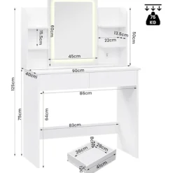 Rootz -dæmningbord med LED -belysning - Makeup -bord - Vanity Desk - USB -opladning - 90x135x40 cm