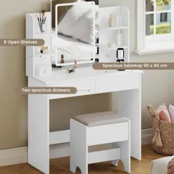 Rootz -dæmningbord med LED -belysning - Makeup -bord - Vanity Desk - USB -opladning - 90x135x40 cm