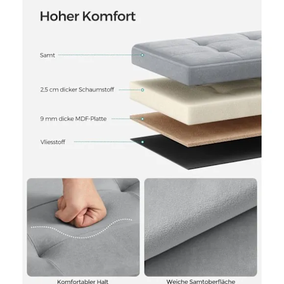 Rootz Dove Grey Velvet Sædekiste - Opbevaring osmannisk - Polstret bænk - MDF-konstruktion - 38 cm x 110 cm x 38 cm - Letvægts - Rummelig - Robust