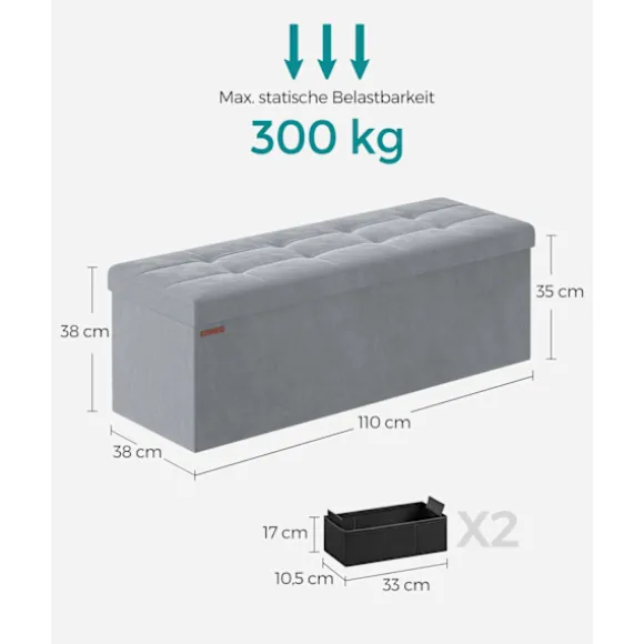 Rootz Dove Grey Velvet Sædekiste - Opbevaring osmannisk - Polstret bænk - MDF-konstruktion - 38 cm x 110 cm x 38 cm - Letvægts - Rummelig - Robust