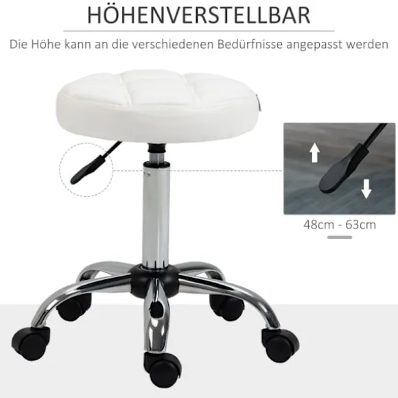 Rootz drejestol - Rulleskammel - Højdejusterbar salontaburet - Kunstlæder - Armløst design - Elegant quiltet mønster - 35,5 cm x 51-67 cm