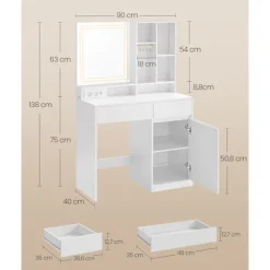 Rootz Dressing Bord med LED -belysning - Vanity - Makeup -bord - Hvid finish - 40 x 90 x 138 cm
