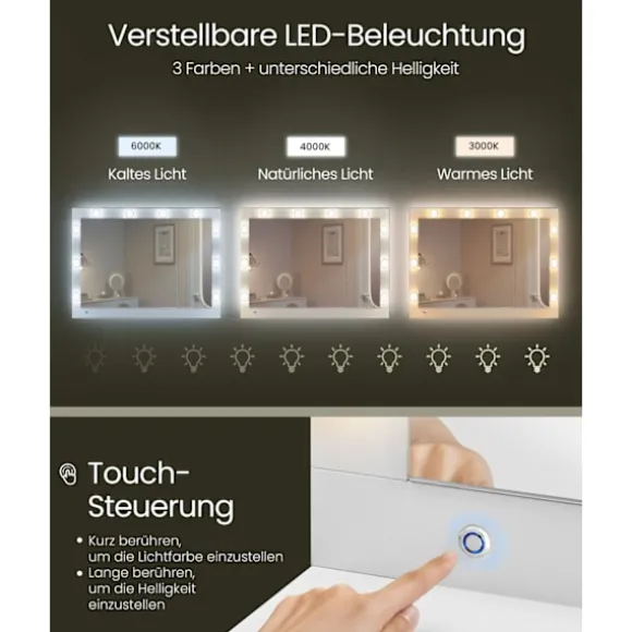 Rootz Dressing Table - Vanity Table - Makeup -bord - LED -belysning - Hvid - 40 x 125 x 140 cm
