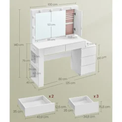 Rootz Dressing Table - Vanity Table - Makeup -bord - LED -belysning - Hvid - 40 x 125 x 140 cm