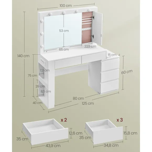 Rootz Dressing Table - Vanity Table - Makeup -bord - LED -belysning - Hvid - 40 x 125 x 140 cm