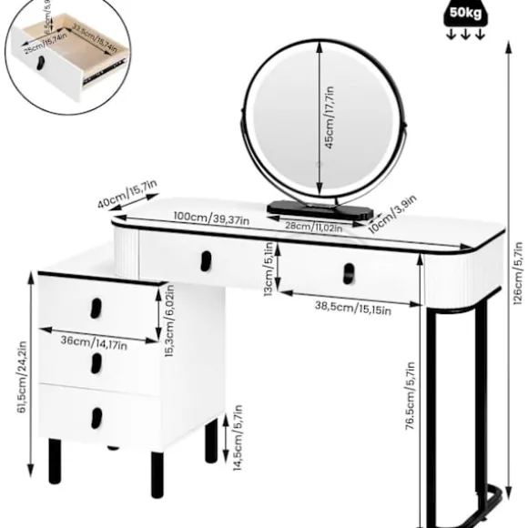 Rootz Dressing Table Set - Makeup Vanity - Cosmetic Desk - Rumle opbevaring - 100 cm x 126 cm x 40 cm