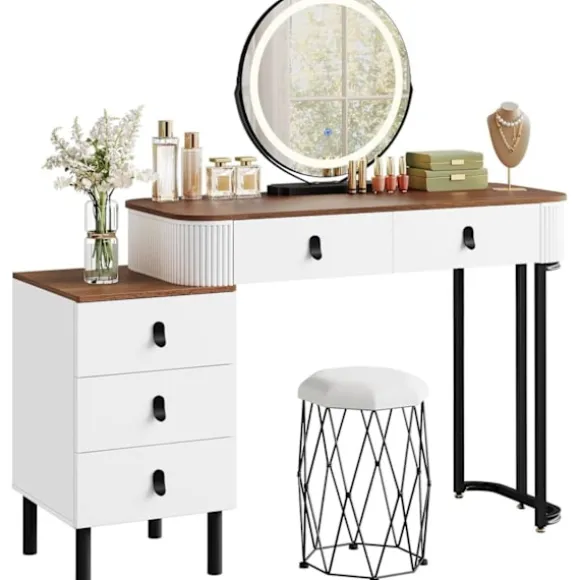 Rootz Dressing Table Set - Makeup Vanity - Beauty Station - Dæmpbar LED Mirror - Velvet Affol - White -brown - 100 x 126 x 40 cm