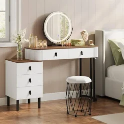 Rootz Dressing Table Set - Makeup Vanity - Beauty Station - Dæmpbar LED Mirror - Velvet Affol - White -brown - 100 x 126 x 40 cm