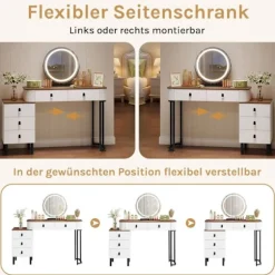 Rootz Dressing Table Set - Makeup Vanity - Beauty Station - Dæmpbar LED Mirror - Velvet Affol - White -brown - 100 x 126 x 40 cm