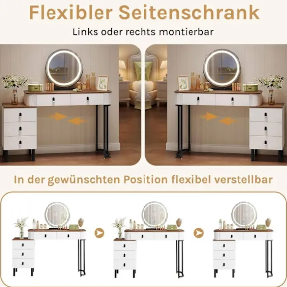 Rootz Dressing Table Set - Makeup Vanity - Beauty Station - Dæmpbar LED Mirror - Velvet Affol - White -brown - 100 x 126 x 40 cm