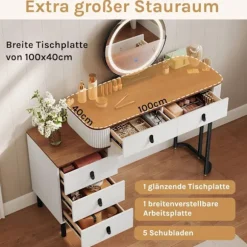 Rootz Dressing Table Set - Makeup Vanity - Beauty Station - Dæmpbar LED Mirror - Velvet Affol - White -brown - 100 x 126 x 40 cm