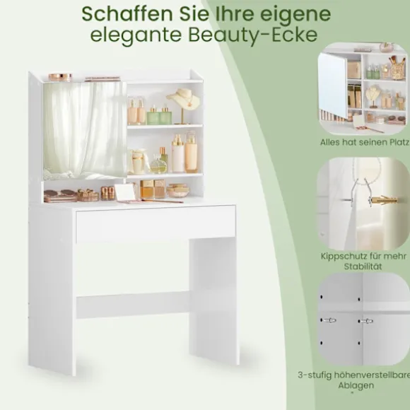 Rootz Elegant Dressing Table - Friction Table - Vanity Table - Inkluderer Mirror & skuffe - Træchipboard - 70 cm x 40 cm x 136 cm