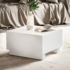 Rootz Elegant Sofabord - Kubebord - Højglans finish - Hvid - Fjernbetjeningsopbevaring - Alsidigt design - 60 cm x 60 cm x 35 cm