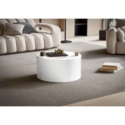 Rootz Elegant Sofabord - Rundt bord - Højglans finish - Hvid - Fjernbetjeningshylde - Brug til flere rum - Gulvbeskyttelse - 60 cm x 60 cm x 30 cm