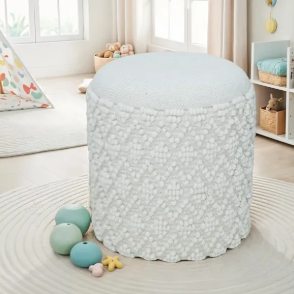 Rootz Fluffy uldskammel - Moderne osmannisk - Hvid puf - Struktureret overflade - 45 cm x 40 cm - Aftageligt sæde - 120 kg Max elasticitet