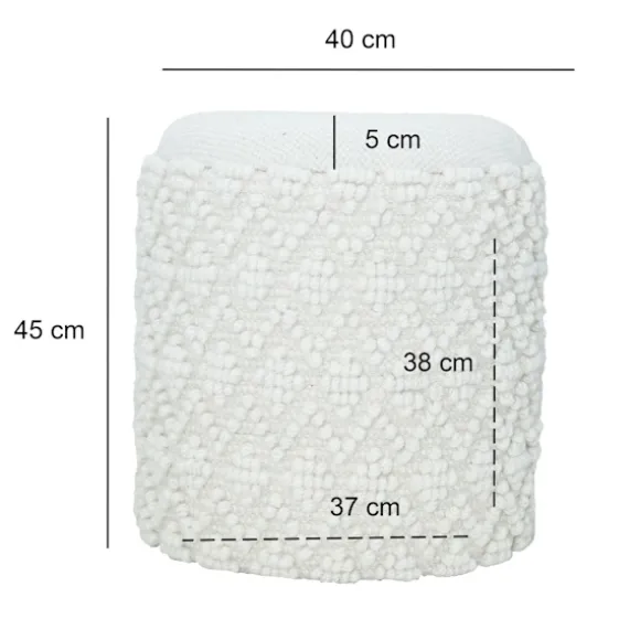 Rootz Fluffy uldskammel - Moderne osmannisk - Hvid puf - Struktureret overflade - 45 cm x 40 cm - Aftageligt sæde - 120 kg Max elasticitet