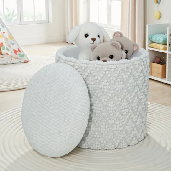 Rootz Fluffy uldskammel - Moderne osmannisk - Hvid puf - Struktureret overflade - 45 cm x 40 cm - Aftageligt sæde - 120 kg Max elasticitet