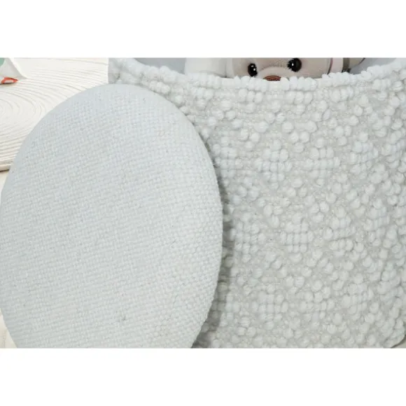Rootz Fluffy uldskammel - Moderne osmannisk - Hvid puf - Struktureret overflade - 45 cm x 40 cm - Aftageligt sæde - 120 kg Max elasticitet