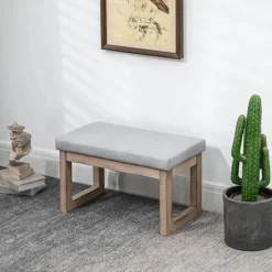 Rootz Fodskammel - Scandi Design - Taburet - Fodskammel - Polstret bænk - Gummitræ - Grå + Natur - 68 cm x 38 cm x 42 cm