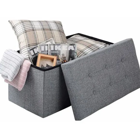 Rootz foldbar opbevaringsskammel med låg - linned Ottoman - Stor kapacitet - Pladsbesparende - Komfortabelt sæde - 76 cm x 38 cm x 37,5 cm